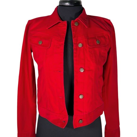 Ralph Lauren Womens Jean Jacket Red Button Front Stretch Denim Preppy Cropped XS - Picture 4 of 9